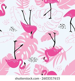 
seamless pattern of fuchsia flamingos with pink leaves