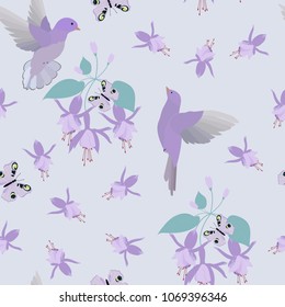 A seamless pattern with fuchsia flowers, exotic birds and butterflies in pastel colors. For decorating textiles, packaging and wallpaper.Vector illustration.