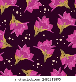 Seamless pattern fuchsia freesia beautiful garden plant on dark background. Floral vector illustration.