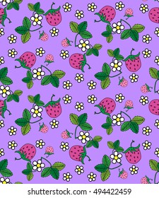 Seamless pattern with fuchsia pink strawberry on a violet background, leaves and flowers, primitive style, doodle, kitsch, flat, kawaii, print for wallpaper, fabrics, web, vector EPS8