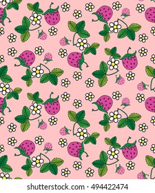 Seamless pattern with fuchsia strawberry on a pink background, leaves and flowers, primitive style, doodle, kitsch, flat, kawaii, print for wallpaper, fabrics, web, vector EPS8
