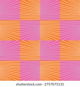 Seamless pattern. Fucsia and orange squares with ray lines