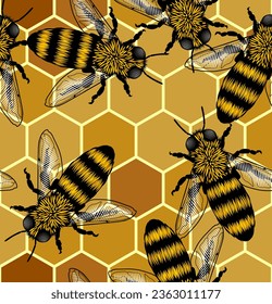 Seamless pattern full color honeycomb background with engraved bees. Vector Illustration 