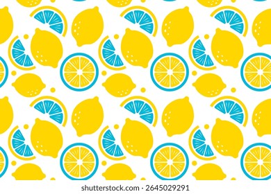 Seamless pattern of full, halved, and sliced lemons in yellow and blue tones on a fresh white background.