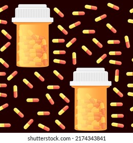 Patrón sin inconvenientes con botellas de píldora médica completa ilustración vectorial en fondo oscuro