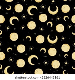 A seamless pattern with a full moon, a crescent moon and a star on a black background.
