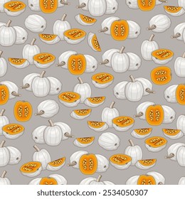 Seamless pattern with Full Moon pumpkin. Winter squash. Cucurbita maxima. Vegetables. Isolated vector illustration.