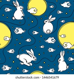 Seamless pattern. Full moon, rabbits, clouds and stars on night sky background. Seasonal greetings. Asian Mid Autumn harvest festival decor. Cute cartoon style. One line drawing. Vector illustration.