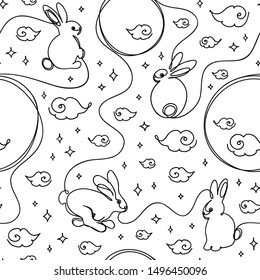 Seamless pattern. Full moon, rabbits, clouds and stars on night sky background. Seasonal greetings. Asian Mid Autumn harvest festival decor. Cute cartoon style. One line drawing. Vector illustration.