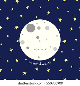 Seamless pattern with full moon and stars and text. Sweet dreams. Children's pattern. Vector Illustration.