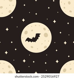 Seamless pattern with full moons, flying bat silhouette and stars on black background. Halloween night sky. Vector flat illustration