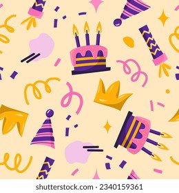 Seamless Pattern Fun B-Day illustration in cartoon style. Doodle illustration with different festive symbols. Cake, crown, confetti, gifts.