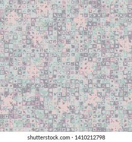 Seamless pattern. Fun camouflage composed of multi-colored squares and randomly placed five-pointed stars. Fashionable color combinations.