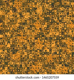 Seamless pattern. Fun camouflage composed of multi-colored squares and randomly placed five-pointed stars. Fashionable color combinations.