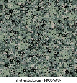 Seamless pattern. Fun camouflage composed of multi-colored squares and randomly placed five-pointed stars. Fashionable color combinations.