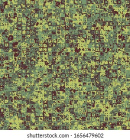 Seamless pattern. Fun camouflage composed of multi-colored squares and randomly placed five-pointed stars. Fashionable color combinations.