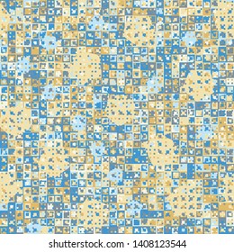 Seamless pattern. Fun camouflage made up of multicolored squares and randomly arranged circles. Fashionable color combinations.