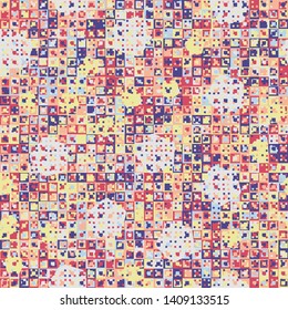Seamless pattern. Fun camouflage made up of multicolored squares and randomly arranged circles. Fashionable color combinations.