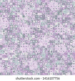 Seamless pattern. Fun camouflage made up of multicolored squares and randomly arranged circles. Fashionable color combinations.