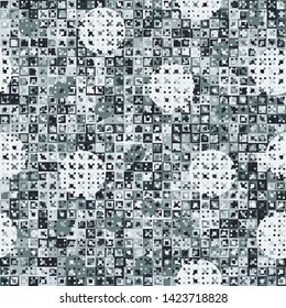 Seamless pattern. Fun camouflage made up of multicolored squares and circles. Spring shades.