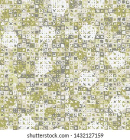 Seamless pattern. Fun camouflage made up of multicolored squares and randomly arranged circles. Fashionable color combinations.