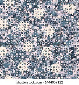 Seamless pattern. Fun camouflage made up of multicolored squares and randomly arranged circles. Fashionable color combinations.