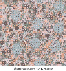 Seamless pattern. Fun camouflage made up of multicolored squares and circles. Spring shades.