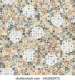 Seamless pattern. Fun camouflage made up of multicolored squares and circles. Spring shades.