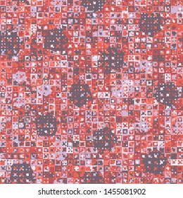 Seamless pattern. Fun camouflage made up of multicolored squares and randomly arranged circles. Fashionable color combinations.