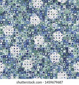 Seamless pattern. Fun camouflage made up of multicolored squares and randomly arranged circles. Fashionable color combinations.