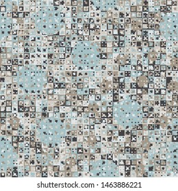 Seamless pattern. Fun camouflage made up of multicolored squares and circles. Spring shades.