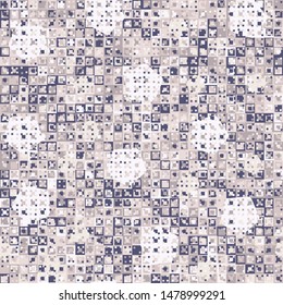 Seamless pattern. Fun camouflage made up of multicolored squares and randomly arranged circles. Fashionable color combinations.