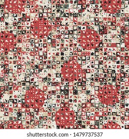 Seamless pattern. Fun camouflage made up of multicolored squares and circles. Spring shades.