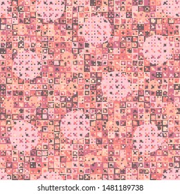 Seamless pattern. Fun camouflage made up of multicolored squares and circles. Spring shades.