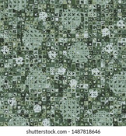 Seamless pattern. Fun camouflage made up of multicolored squares and circles. Spring shades.