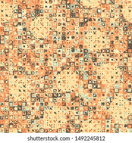 Seamless pattern. Fun camouflage made up of multicolored squares and circles. Spring shades.