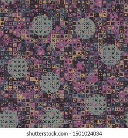 Seamless pattern. Fun camouflage made up of multicolored squares and circles. Spring shades.