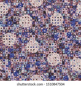 Seamless pattern. Fun camouflage made up of multicolored squares and circles. Spring shades.