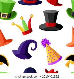 Seamless pattern fun carnival festive collection of cute celebration and disguise hat vector illustration on white background website page and mobile app design.