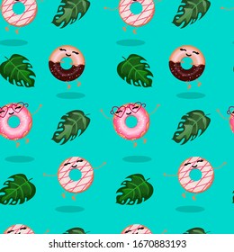 Seamless pattern with fun cartoon donuts and tropical leaves on a turquoise background. Vector illustration for printing on fabric, packaging paper, and other surfaces.