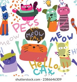 Seamless pattern with fun cats on white background. Words MEOW, pets, cats, hello. Cartoon vector illustration.