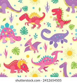Seamless pattern with fun colored dinosaurs on a yellow background. For children's fabric design, wallpaper, wrapping paper, prints, posters, scrapbooking, etc. Vector illustration