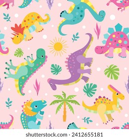 Patrón inmaculado con divertidos dinosaurios de color sobre un fondo rosado. Para el diseño de tejidos para niños, papel de pared, papel de envoltura, impresiones, carteles, recortes, etc. Ilustración vectorial