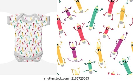 Nahtlose Muster von Fun-farbigem handgezeichnet gefärbter Stift mit Doodle-Augen, Armbänder und Beine auf weißem Hintergrund, Kunstmaterial für Zurück zum Schulhintergrund