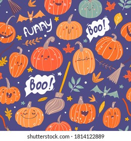 seamless pattern with fun cute orange pumpkins on a purple background
