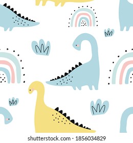 Seamless pattern with fun dinosaurs and rainbows. Vector illustration with flowers, in a modern cartoon style, for printing on packaging paper, postcard, poster, banner, clothing. Cute children's back