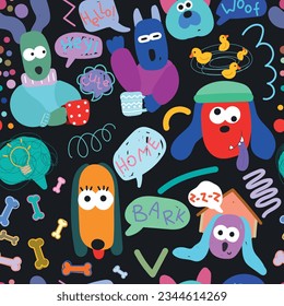 Seamless pattern with fun dog, doodle. Dog in different poses, speach bubbles, dots, line. Vector illustration.