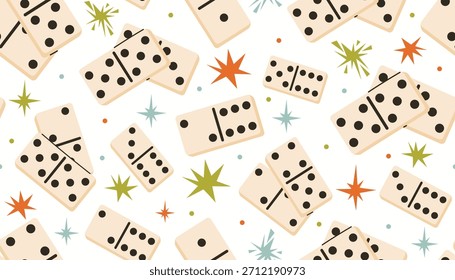Seamless pattern with fun domino game pieces, funky stars and tiny dot accents in random order. Bright flat cartoon style adds playful vibe ideal for kids design, game layouts, craft projects.