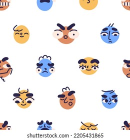 Seamless pattern with fun face avatars. Background, texture design with emotions, facial expressions of abstract cute funny characters, emojis, repeating print. Colored flat vector illustration