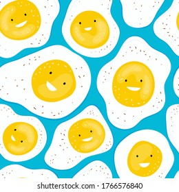 Seamless pattern with fun fried eggs smiling on a blue background. Cartoon character funny egg. Hand drawn background with food for a children healthy Breakfast. Design of print, textile, fabric